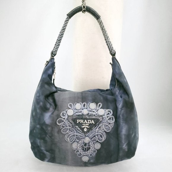 Prada Handbags - AUTHENTICATED PRADA Trimmed Tessuto Blue TIE-DYE Hobo Bag, Blue Leather Trim